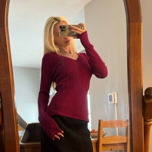 Elegant V-Neck Ribbed Sweater - Deep Red